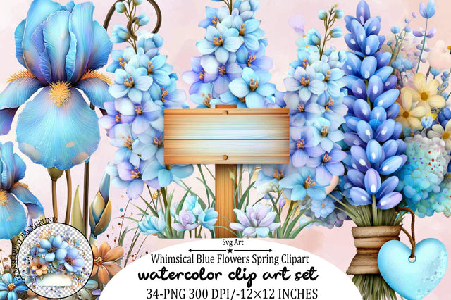 Whimsical Blue Flowers Spring Clipart Bundle. Sublimation SVGArt 