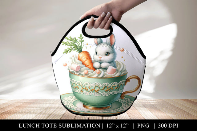 Whimsical Bunny in Teacup with Carrot and Marshmallows Sublimation BijouBay 