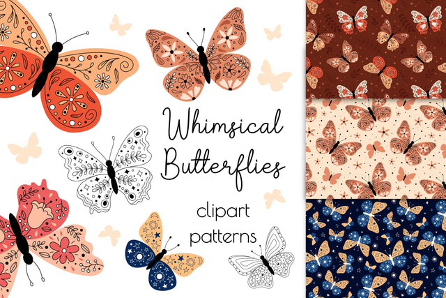 Whimsical Butterflies PNG Clip Art, Seamless Patterns | Cute Moths Floral Ornament Clipart | Decorative Elements Digital Paper JPG | Insects EPS Vector Illustrations Collection Sublimation AnnaViolet_store 