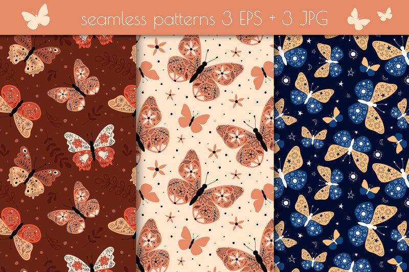 Whimsical Butterflies PNG Clip Art, Seamless Patterns | Cute Moths ...