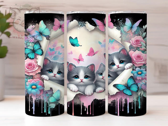 Whimsical Butterfly Kitten Tumbler, Butterfly Cats, 20Oz Tumbler, Sublimation Design, Whimsical Wrap, Feline Fantasy, Pastel Vibes Sublimation Lara' s Designs 