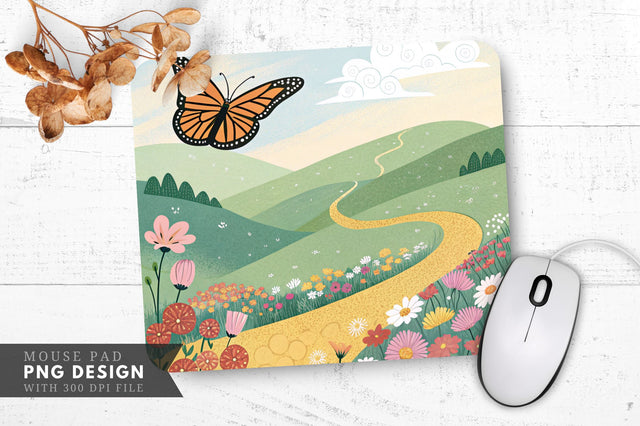 Whimsical Butterfly Over a Colorful Valley Mouse Pad PNG Design Sublimation Regulrcrative 