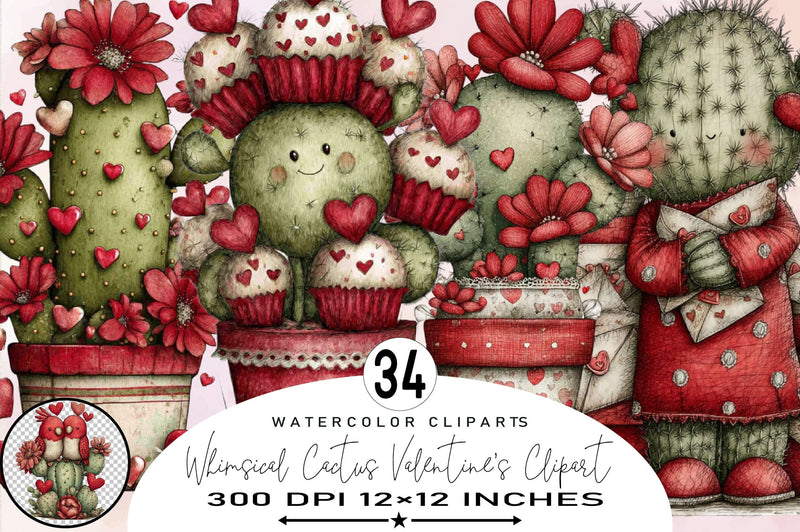 Whimsical Cactus Valentine Clipart Bundle. Sublimation SVGArt 
