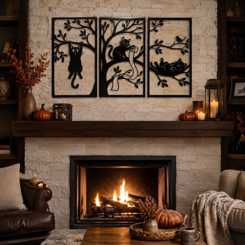 Whimsical Cat Tree Triptych Laser SVG | Laser Cut Cat Wall Art DXF | Black Cat Metal Art Design | CNC Plasma Cut File | 3 Panel Cat Decor SVG HappyDesignStudio 