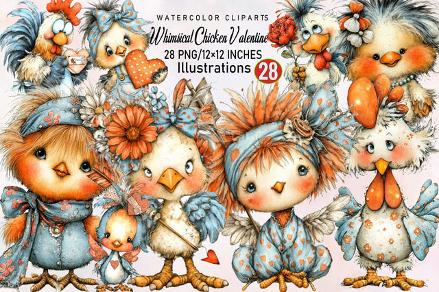 Whimsical Chicken Valentine Clipart Bundle. Sublimation SVGArt 
