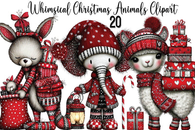 Whimsical Christmas Animals Clipart Bundle. Sublimation SVGArt 