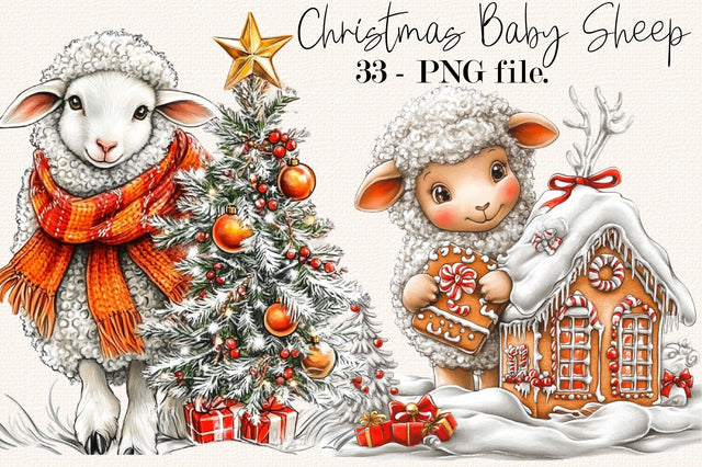 Whimsical Christmas Baby Sheep Clipart Bundle. Sublimation SVGArt 