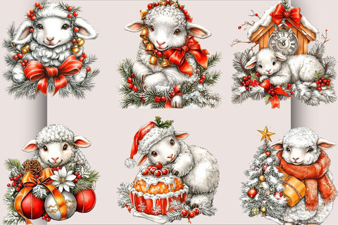 Whimsical Christmas Baby Sheep Clipart Bundle. Sublimation SVGArt 