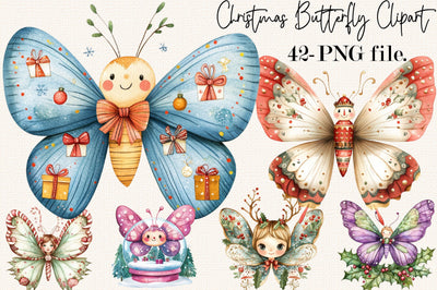 Whimsical Christmas Butterfly Clipart. Sublimation SVGArt 