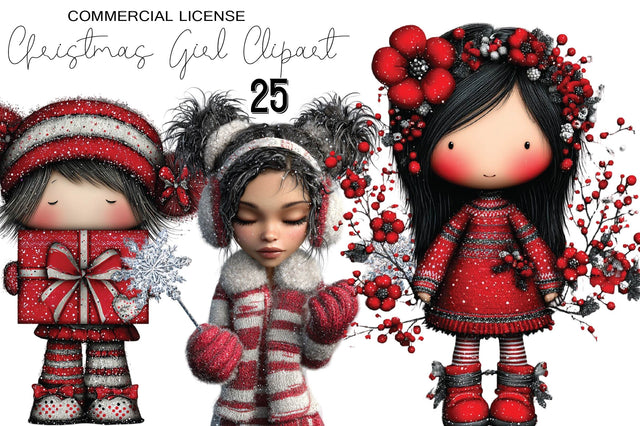 Whimsical Christmas Girl Clipart Bundle. Sublimation SVGArt 