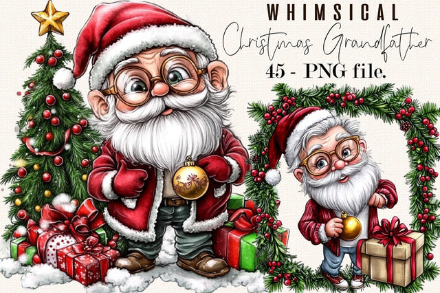 whimsical Christmas grandfather Clipart Bundle. Sublimation SVGArt 