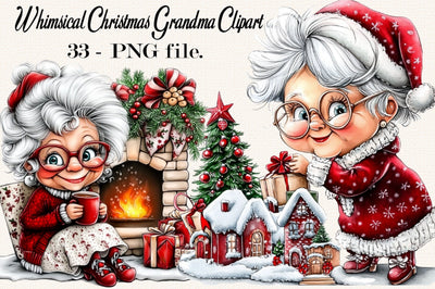 Whimsical Christmas Grandma Clipart PNG Bundle. Sublimation SVGArt 