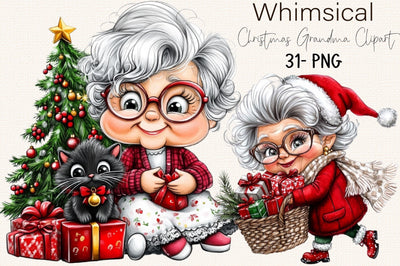 Whimsical Christmas Grandma Clipart PNG Bundle. Sublimation SVGArt 