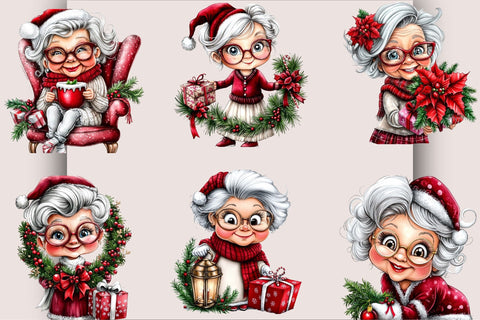 Whimsical Christmas Grandma Clipart PNG Bundle. Sublimation SVGArt 