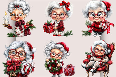 Whimsical Christmas Grandma Clipart PNG Bundle. Sublimation SVGArt 
