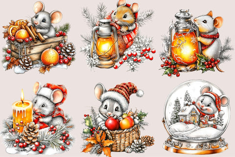 Whimsical Christmas Mouse Clipart Bundle. Sublimation SVGArt 