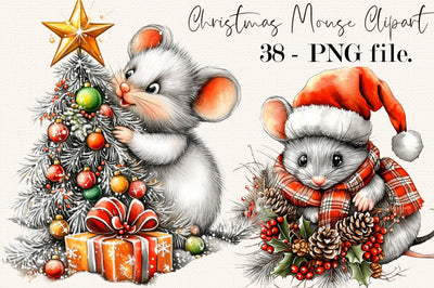 Whimsical Christmas Mouse Clipart Bundle. Sublimation SVGArt 