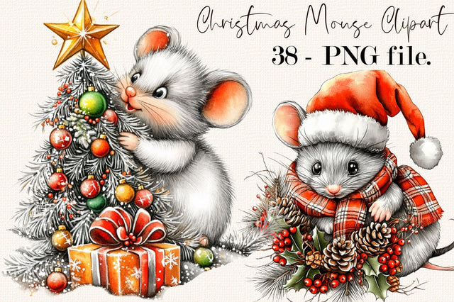 Whimsical Christmas Mouse Clipart Bundle. Sublimation SVGArt 