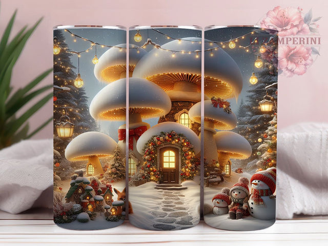 Whimsical Christmas Mushroom Tumbler, Holiday Village Wrap, 20Oz Skinny Tumbler, Whimsical Christmas Sublimation, Festive Forest Design, Cute Mushroom House Tumbler, Winter Wonderland Wrap Sublimation Li Zamperini 