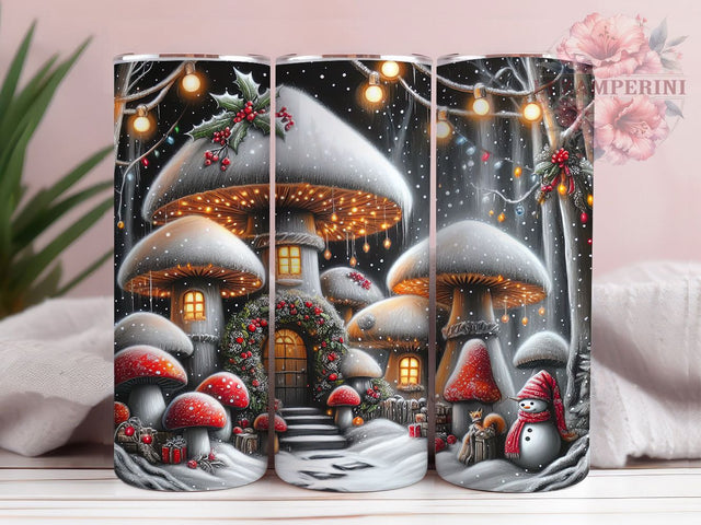 Whimsical Christmas Mushroom Tumbler, Holiday Village Wrap, 20Oz Skinny Tumbler, Whimsical Christmas Sublimation, Festive Forest Design, Cute Mushroom House Tumbler, Winter Wonderland Wrap Sublimation Li Zamperini 