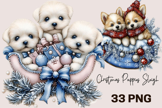 Whimsical Christmas Puppies Sleigh Sublimation SVGArt 