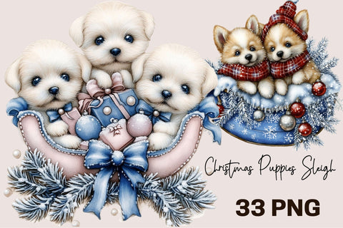 Whimsical Christmas Puppies Sleigh Sublimation SVGArt 