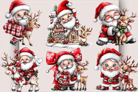 Whimsical Christmas Santa & Reindeer Clipart Bundle. Sublimation SVGArt 