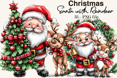 Whimsical Christmas Santa & Reindeer Clipart Bundle. Sublimation SVGArt 