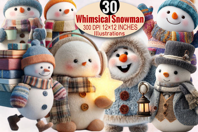 Whimsical Christmas Snowman Clipart Bundle. Sublimation SVGArt 