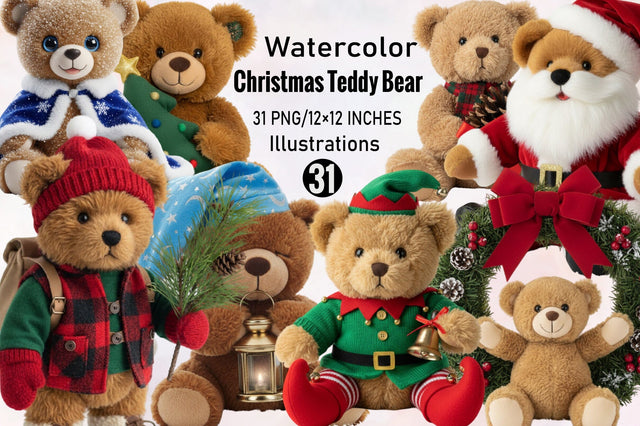 Whimsical Christmas Teddy Bear Clipart Bundle. Sublimation SVGArt 