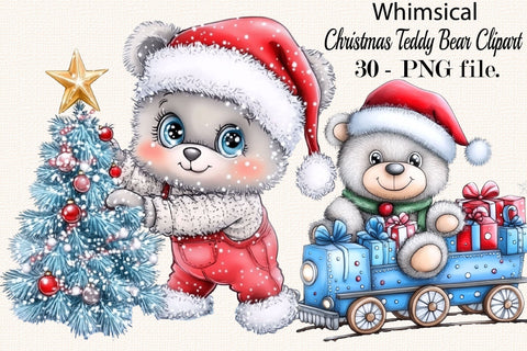 Whimsical Christmas Teddy Bear Clipart Bundle. Sublimation SVGArt 