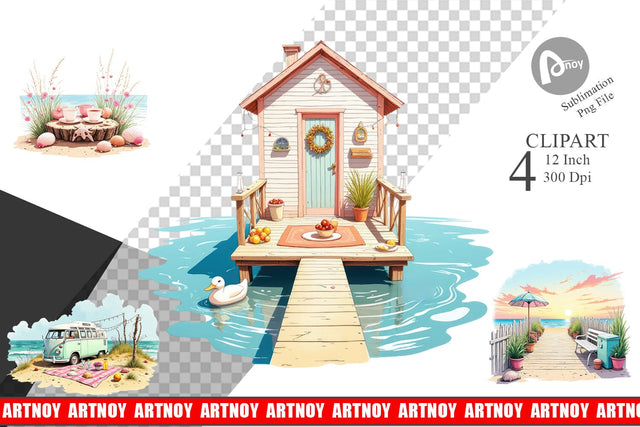 Whimsical Coastal Escape Clipart Sublimation artnoy 