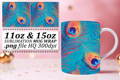 Whimsical Colorful Feather Mug Wrap: Sublimation Fun for 11oz 15oz Sublimation afrosvg 