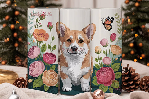 Whimsical Corgi Floral 20oz Tumbler Wrap Sublimation DesignSVG 