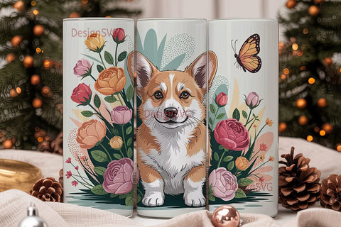 Whimsical Corgi Floral 20oz Tumbler Wrap Sublimation DesignSVG 
