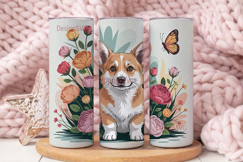 Whimsical Corgi Floral 20oz Tumbler Wrap Sublimation DesignSVG 