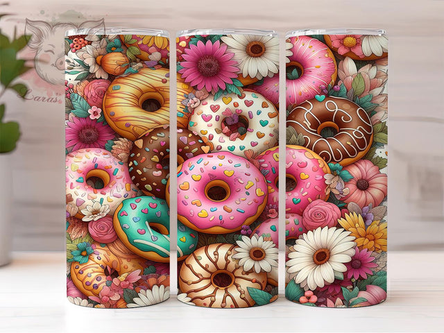 Whimsical Donut Flower Tumbler, Sweet Floral Pattern, Cute Donut Design, 20Oz Sublimation Wrap, Whimsical Food Art, Colorful Flower Donut Texture, Tumbler Sublimation Sublimation Lara' s Designs 