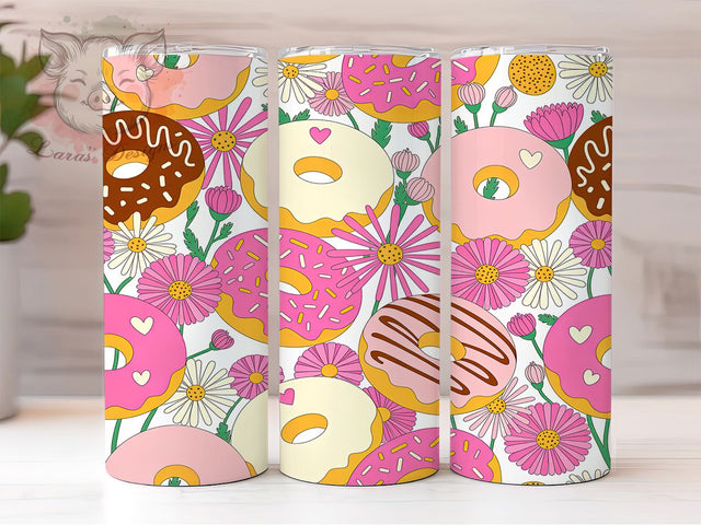 Whimsical Donut Flower Tumbler, Sweet Floral Pattern, Cute Donut Design, 20Oz Sublimation Wrap, Whimsical Food Art, Colorful Flower Donut Texture, Tumbler Sublimation Sublimation Lara' s Designs 