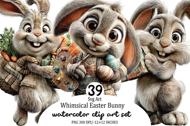 Whimsical Easter Bunny Clipart Bundle. Sublimation SVGArt 