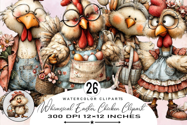 Whimsical Easter Chicken Clipart Bundle. Sublimation SVGArt 