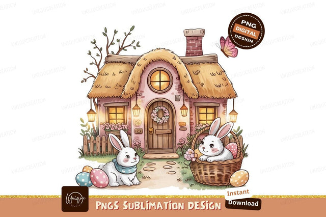 Whimsical Easter Cottage Bunnies And Eggs Sublimation Designangry 
