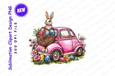Whimsical Easter Illustration Bunny In Pink Car With Easter Eggs Sublimation Regulrcrative 