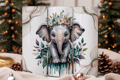Whimsical Elephant Floral 20oz Tumbler Sublimation DesignSVG 