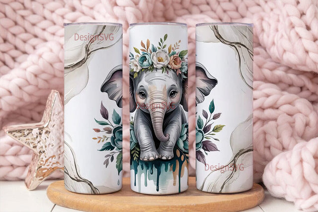 Whimsical Elephant Floral 20oz Tumbler Sublimation DesignSVG 