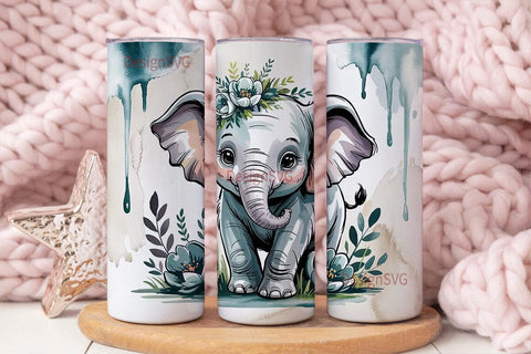 Whimsical Elephant Floral 20oz Tumbler Sublimation DesignSVG 
