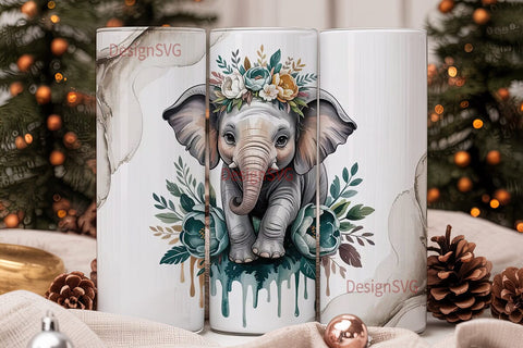 Whimsical Elephant Floral 20oz Tumbler Sublimation DesignSVG 
