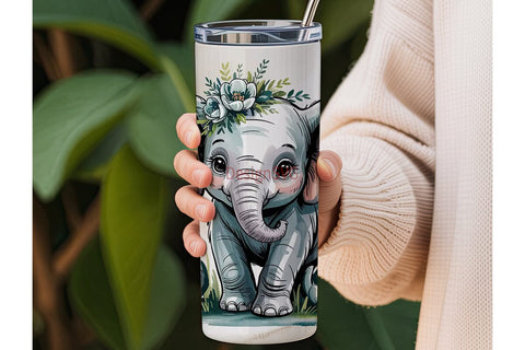 Whimsical Elephant Floral 20oz Tumbler Sublimation DesignSVG 