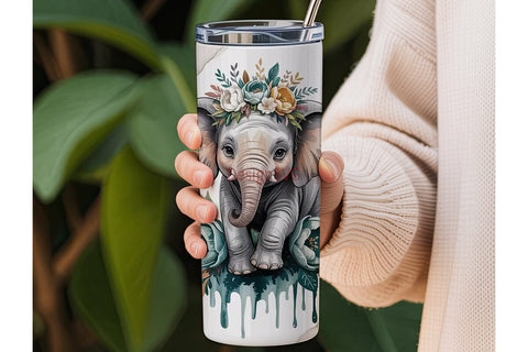 Whimsical Elephant Floral 20oz Tumbler Sublimation DesignSVG 
