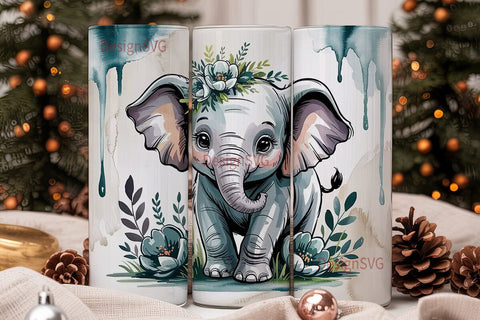 Whimsical Elephant Floral 20oz Tumbler Sublimation DesignSVG 