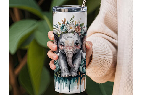 Whimsical Elephant Floral 20oz Tumbler Sublimation DesignSVG 